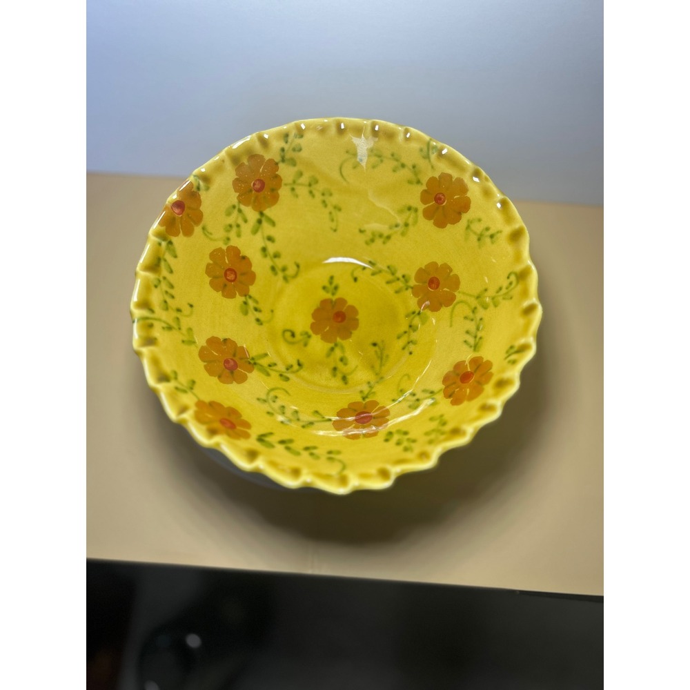 Sur La‎ Table Yellow Floral Ceramic Serving Bowl Scalloped Rim Made in Italy